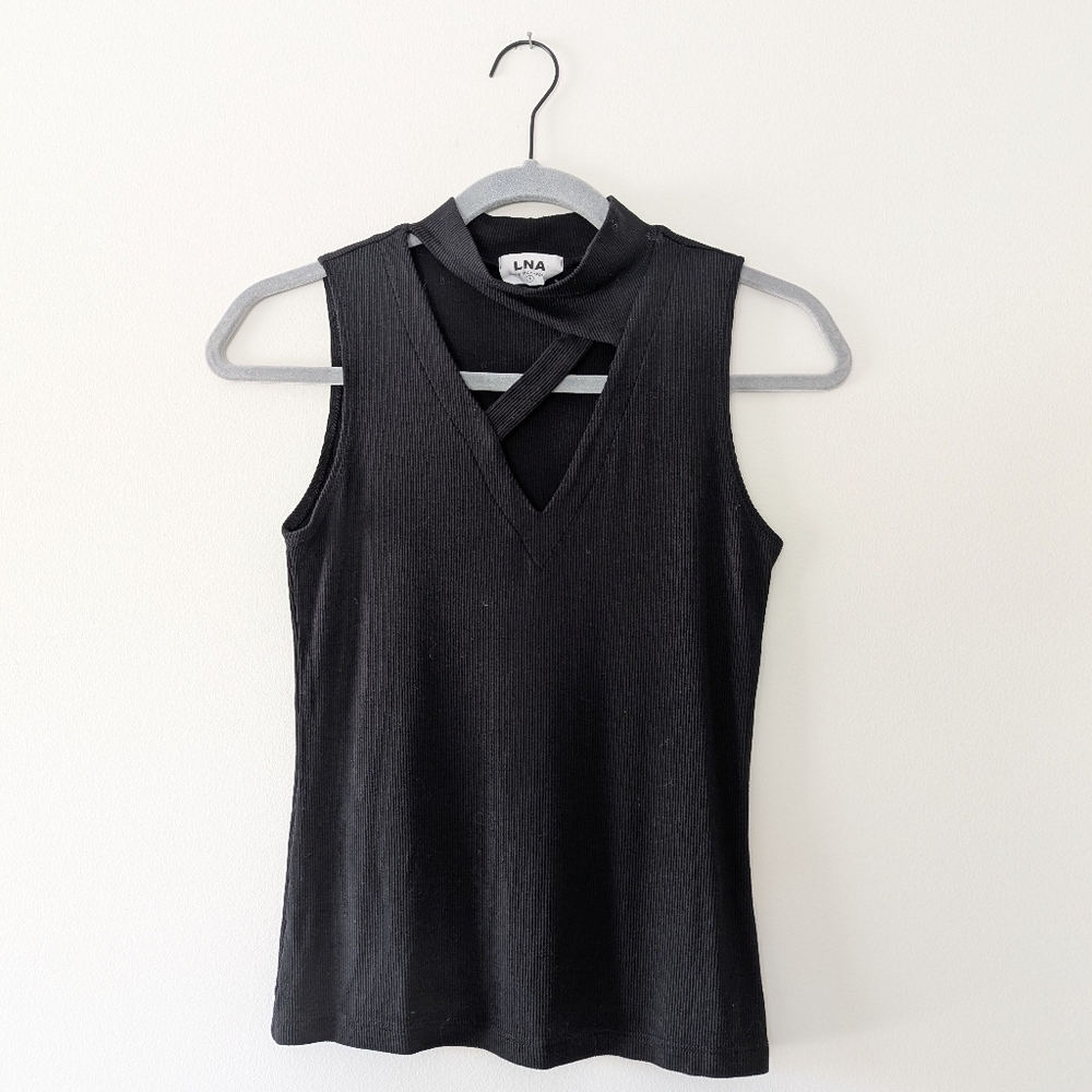 LNA Thea Ribbed Cut-Out Tank Sleeveless Top Asymmetric High Collar Ribbed - Picture 2 of 7